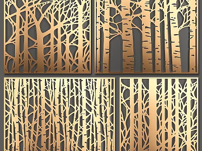 Golden Laser Cut Decorative Panels With Tree Patterns For Interior Design 3d model
