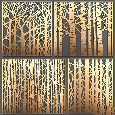 Golden Laser Cut Decorative Panels With Tree Patterns For Interior Design 3d model