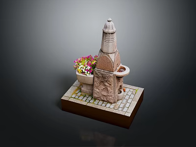 Colorful Potted Flowers Near Stone Tower And Basin On Brick Base Decorative Scene 3d model