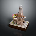 Colorful Potted Flowers Near Stone Tower And Basin On Brick Base Decorative Scene