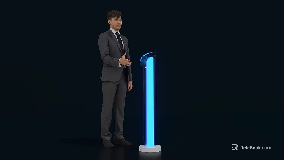 Man in Suit Standing Next to Blue Glowing Activation Device With White Base 3d model 