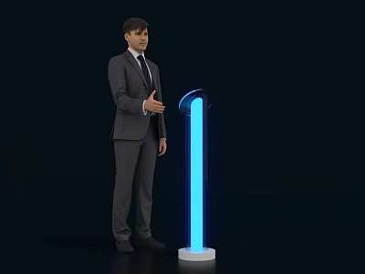 Man in Suit Standing Next to Blue Glowing Activation Device With White Base 3d model