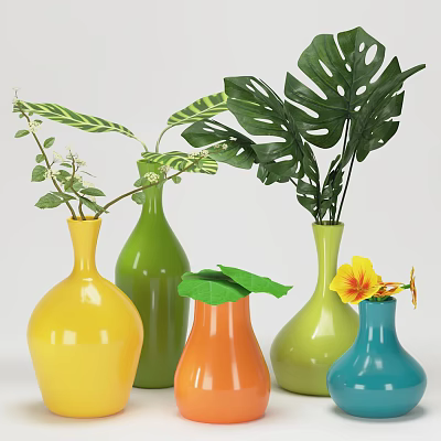 Colorful Ceramic Vases With Tropical Foliage And Colorful Flowers For Home Decor 3d model