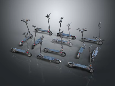 Silver Scooters With Various Designs On Gray Reflective Background Surface 3d model