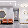 Modern Beauty Hair Salon Interior With Orange Chairs Round Mirror And Marble Reception Desk