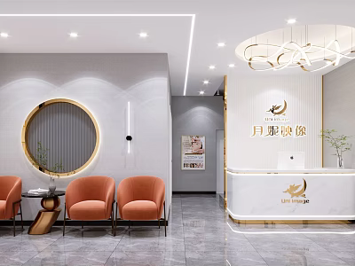 Modern Beauty Hair Salon Interior With Orange Chairs Round Mirror And Marble Reception Desk 3d model