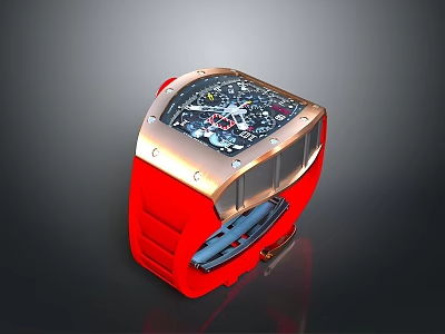 Modern Luxury Wristwatch Square Design Red Strap Metallic Bezel Intricate Dial Details 3d model