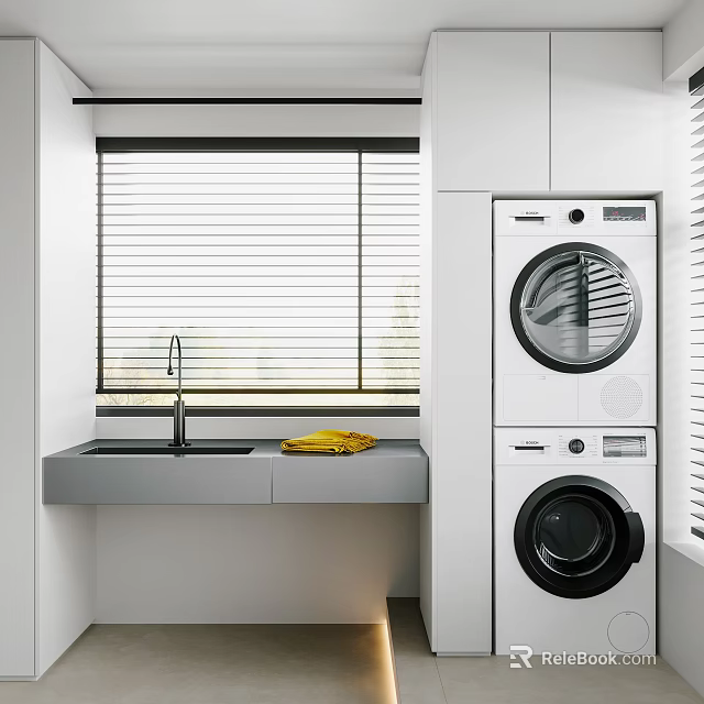 White Stackable Washer And Dryer In Modern Laundry Room With Sink And Window Blinds 3d model