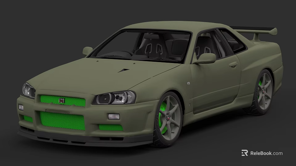 Light Green Sports Car With Green Front Grille Silver Wheels And Rear Spoiler 3d model 
