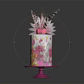 Pink Cake With Pink And Yellow Patterns And Decorations On Pink Stand