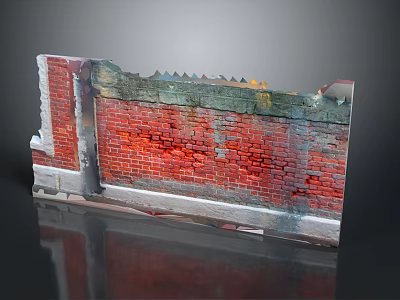 Old Red Brick Wall With Damaged Peeling Sections Green Moss On Top And Gray Base 3d model