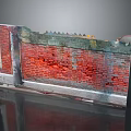 Old Red Brick Wall With Damaged Peeling Sections Green Moss On Top And Gray Base