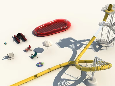 Outdoor Amusement Equipment With Yellow Slide Red Inflatable Boat Deck Chairs And Sun Umbrella 3d model