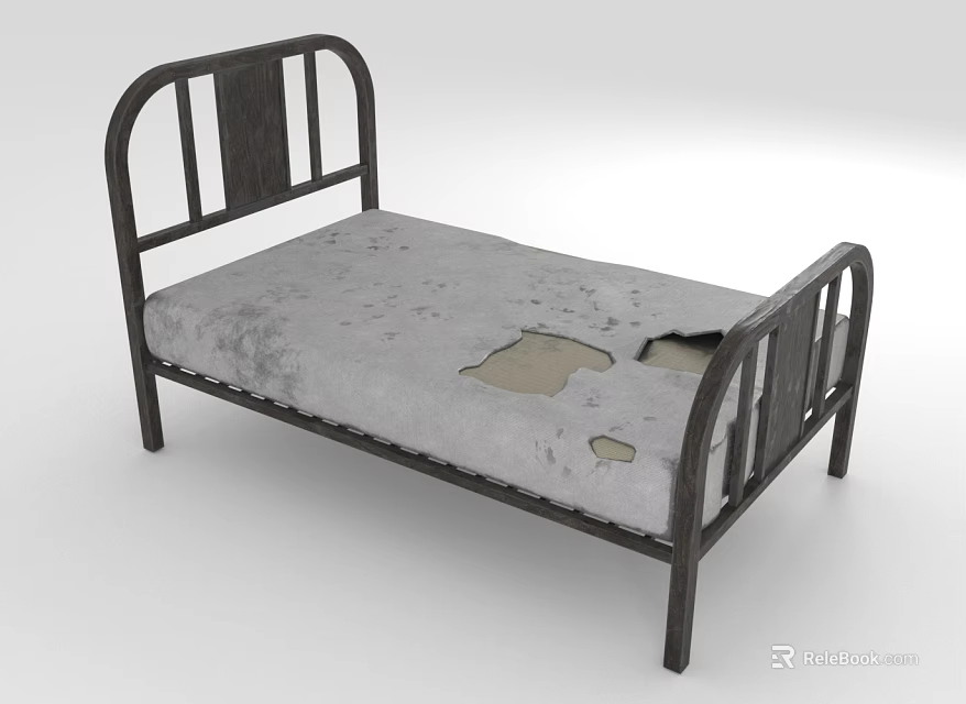 Dark Wooden Bed Furniture With Curved Headboard Footboard And Worn Gray Mattress With Holes 3d model 