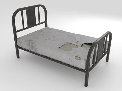 Dark Wooden Bed Furniture With Curved Headboard Footboard And Worn Gray Mattress With Holes 3d model