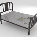 Dark Wooden Bed Furniture With Curved Headboard Footboard And Worn Gray Mattress With Holes