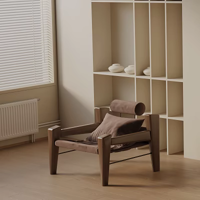 Leisure Chair With Wooden Frame And Brown Cushions In Light Room With Shelves And Vases 3d model