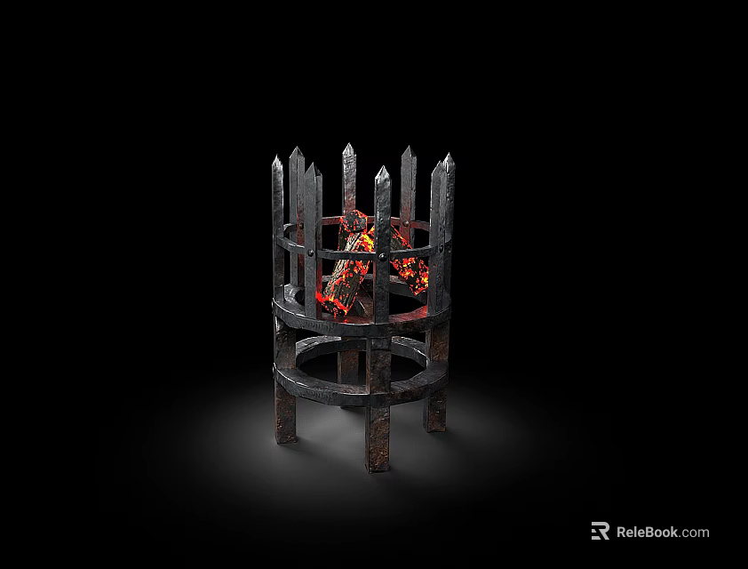 Metal Fire Pit With Spiked Top And Burning Flames On Black Background 3d model 