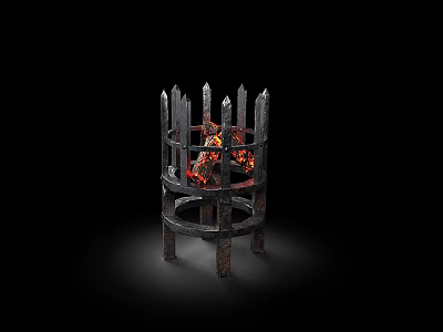 Metal Fire Pit With Spiked Top And Burning Flames On Black Background 3d model