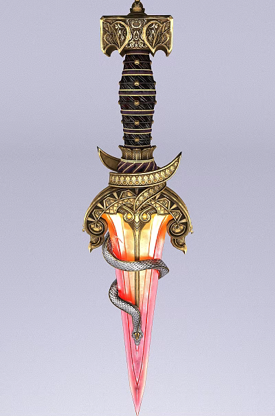 Ornate Ancient Sword With Golden Hilt Coiled Serpent And Red Blade Design 3d model
