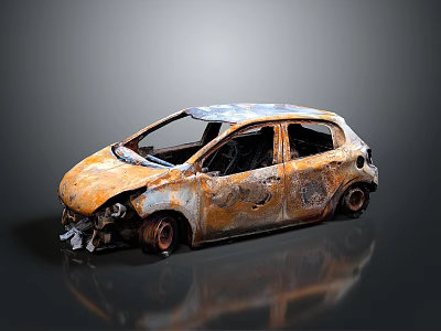 Rusted Abandoned Car With Broken Windows Damaged Front And Body On Gray Background With Reflection 3d model