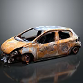 Rusted Abandoned Car With Broken Windows Damaged Front And Body On Gray Background With Reflection