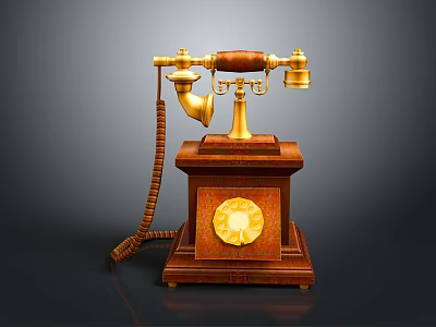 Vintage Telephone with Wooden Base Gold Accents and Rotary Dial Design 3d model