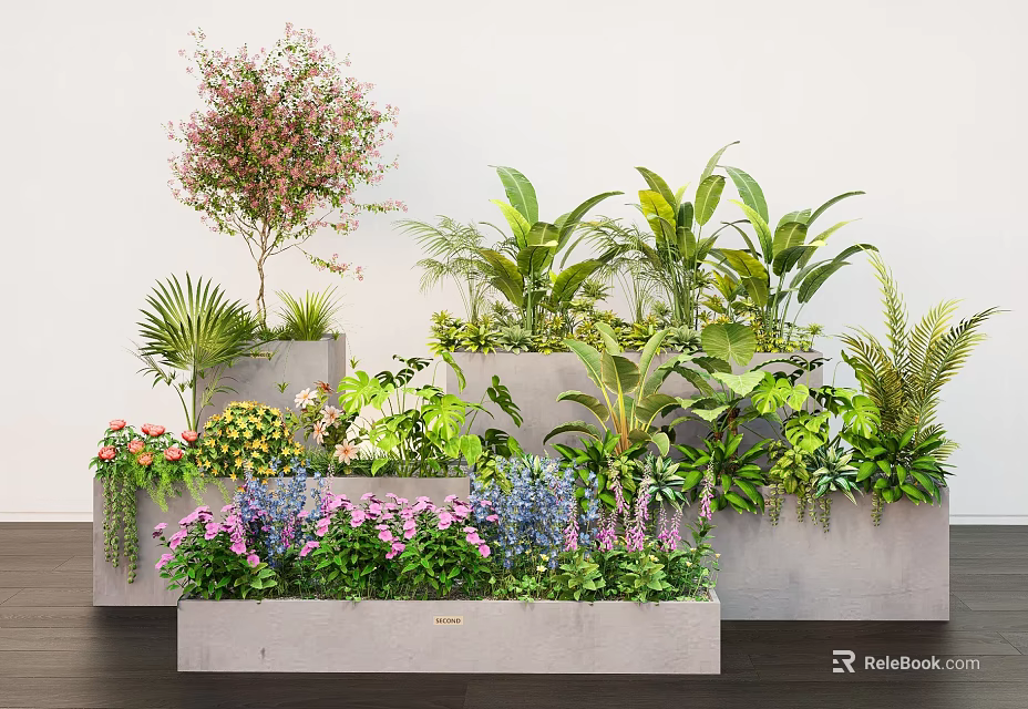 Layered Mixed Plant Arrangement In Concrete Planters With Flowering Shrubs Ferns And Green Foliage 3d model 