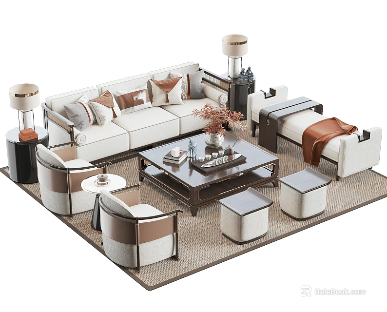 Modern Elegant Sofa And Coffee Table Set With Pillows Armchairs Rug And Wooden Table 3d model