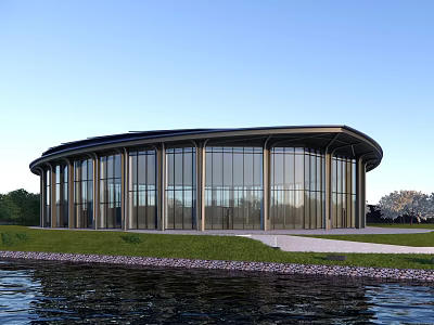 Modern Circular Glass Building Exterior With Scenic Waterfront And Green Grass 3d model