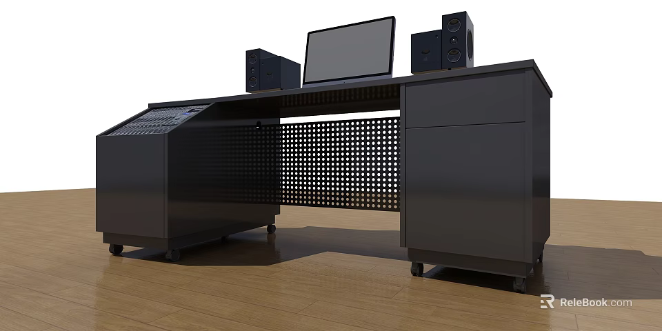Black Functional Desk With Computer Monitor Speakers Control Panel And Wheels 3d model 