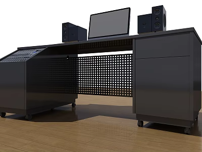 Black Functional Desk With Computer Monitor Speakers Control Panel And Wheels 3d model
