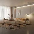 Modern Double Bed with Yellow Pillows and Orange Blanket in Light Bedroom Curtains Plant Decor