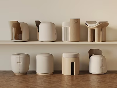 Modern Minimalist Stools With Various Designs On Shelf And Wooden Floor 3d model