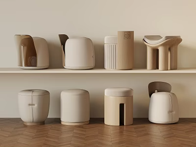 Modern Minimalist Stools With Various Designs On Shelf And Wooden Floor 3d model