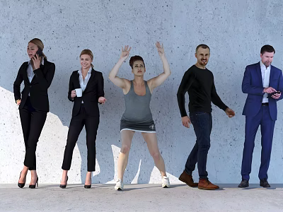 Group of People in Casual and Formal Attire Standing with Diverse Actions Against Gray Wall 3d model