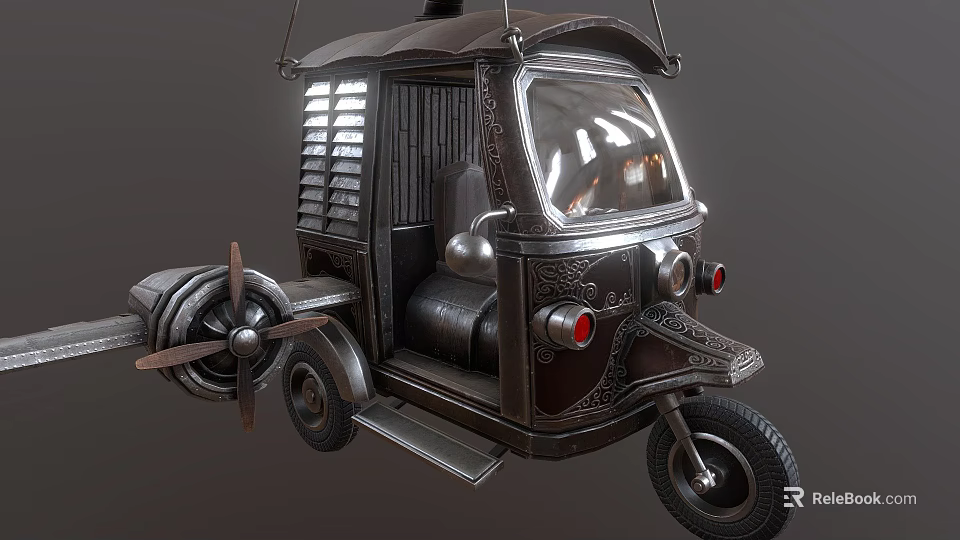 Vintage Tricycle Featuring Propeller Mechanical Design Glass Windshield And Ornate Metal Details 3d model 