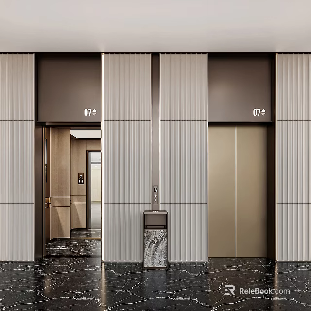 Modern Elevator Area With Open Lift Striped Walls And Marble Floor 3d model