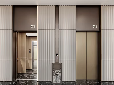Modern Elevator Area With Open Lift Striped Walls And Marble Floor 3d model