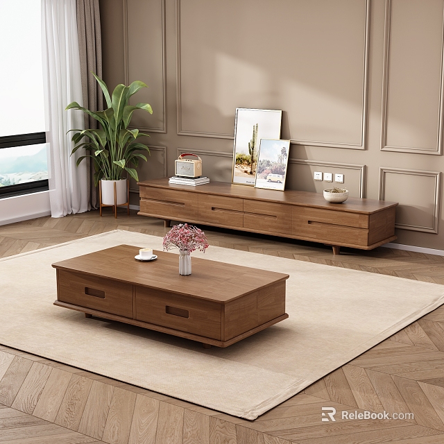 Modern Living Room Interior With Wooden Coffee Table TV Stand Rug And Decorative Plants 3d model 