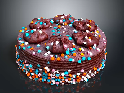 Delicious Layered Chocolate Cake With Chocolate Decorations And Colorful Sprinkles 3d model