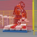 Industrial Robotic Arm With Yellow Safety Fence Handling Packaged Goods On Conveyor Belt