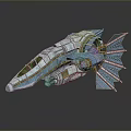 Futuristic Spaceship With Blue And White Exterior Detailed Structure Wings Engine Parts And Orange Accents