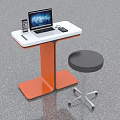 Modern Office Desk With White Top Orange Legs Laptop Pen Mouse And Black Round Stool