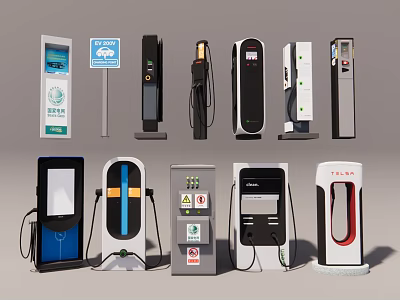 Different Types of EV Charging Stations With Various Designs And Functional Features 3d model