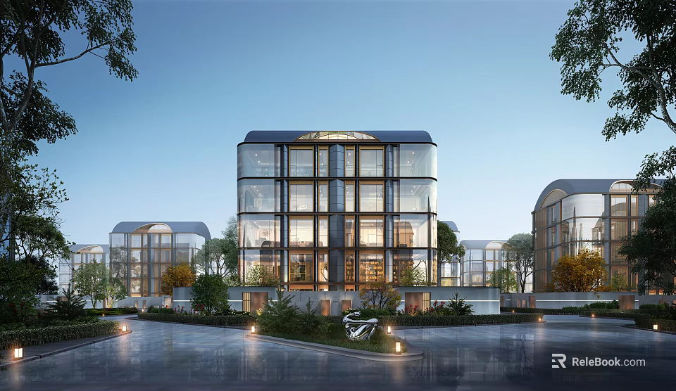 Modern Multi Storey Residential Building With Glass Curtain Walls And Landscaped Courtyard Trees 3d model 