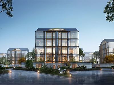 Modern Multi Storey Residential Building With Glass Curtain Walls And Landscaped Courtyard Trees 3d model