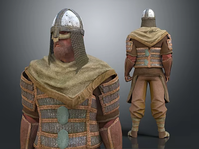 Medieval Warrior Character In Traditional Armor With Metal Helmet Chainmail Cloak And Decorative Plates 3d model
