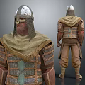Medieval Warrior Character In Traditional Armor With Metal Helmet Chainmail Cloak And Decorative Plates