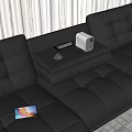 Black Leather Reclining Sectional Sofa In Modern Living Room With Side Table
